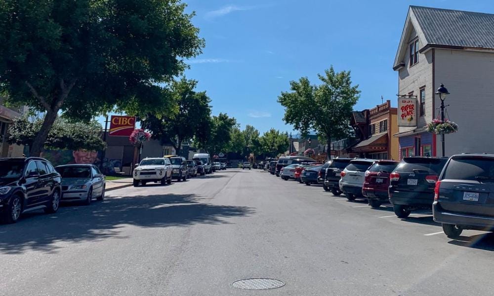 Downtown street with parked cars