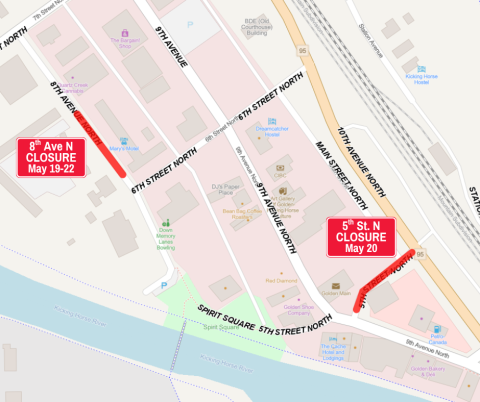 map of road closures at 8th avenue north and 5th street north